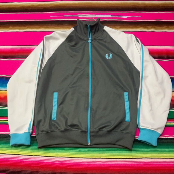 Fred Perry Other - VTG Fred Perry Track Jacket Men's M Grey White Blue Crest Logo Made in Portugal